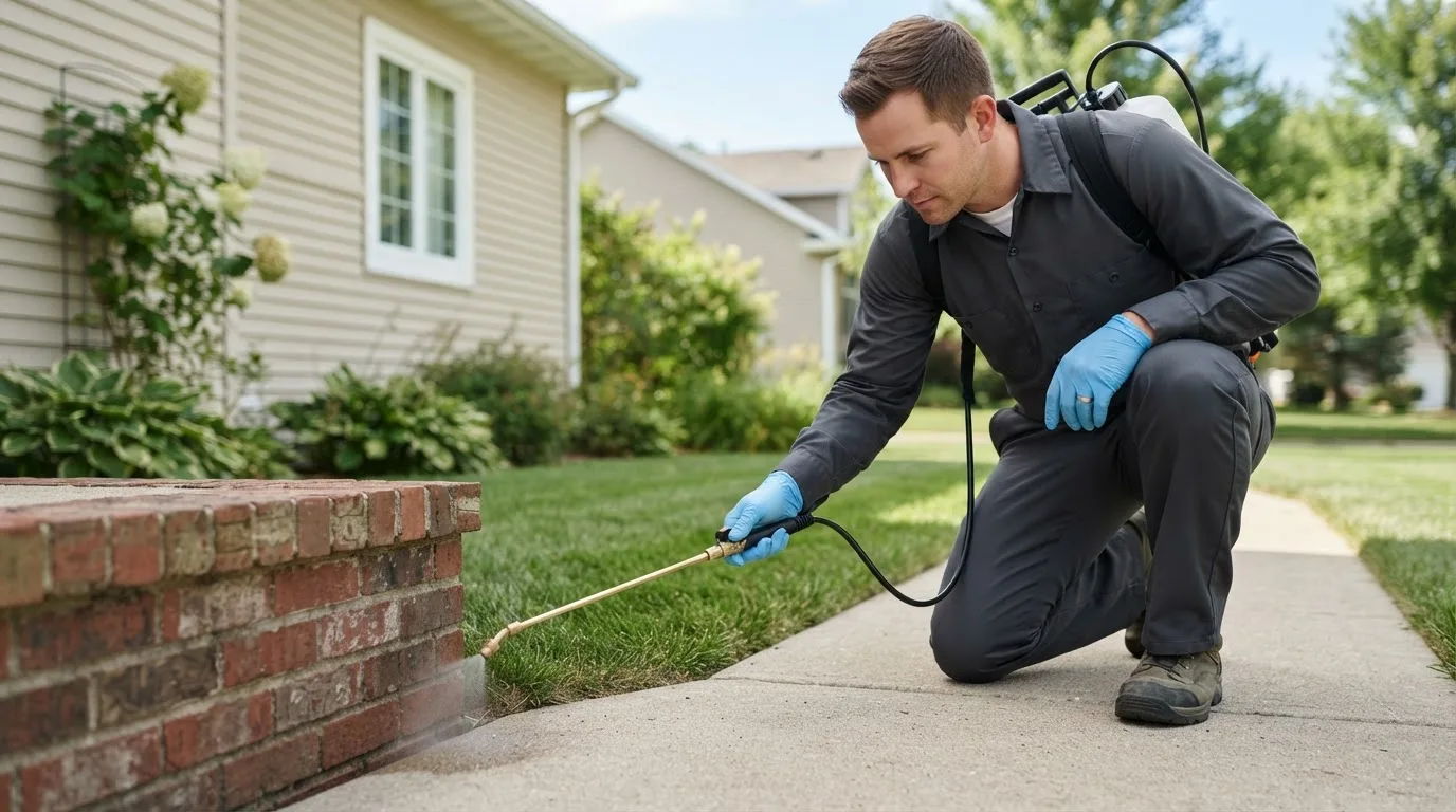 Pest control technician treating a home near Massena, IA