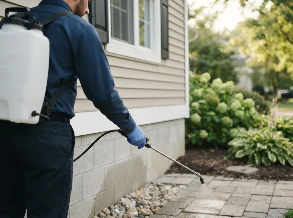 Pest control technician inspecting a home in Massena, IA